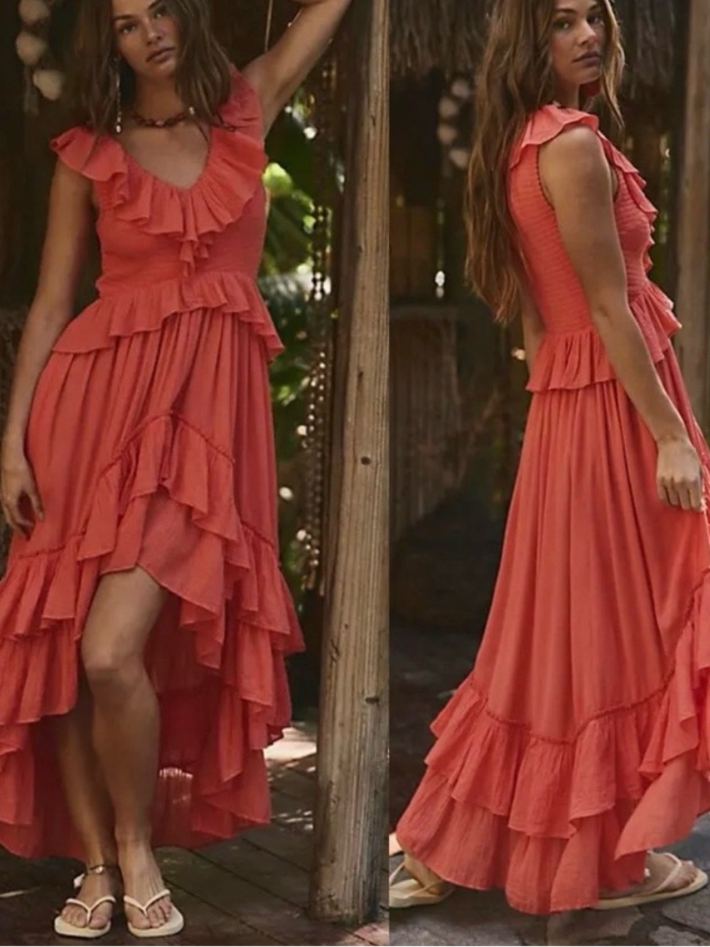 Free People Coral Ruffled High-Low Maxi Dress
